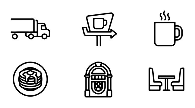 Retro Diner Icons: Truck, Coffee, Pancakes, Jukebox, Booth Seating, Signage, Vector Graphics for Nostalgic Food Service and Transport Themes