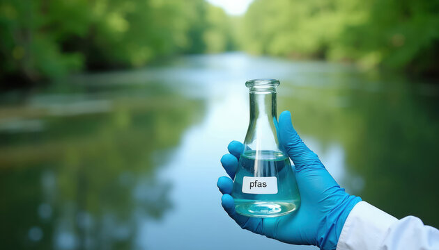 Gloved hand holds flask of water labeled pfas near river. Scientist tests water quality for chemical contamination and environmental pollution. Lab research analyzes toxic substance detection.