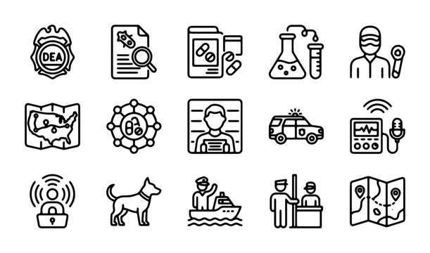 Law Enforcement Icons Set, DEA Badge, Drug Bust, Forensic Science, Border Control, Criminal Investigation Vector Graphics