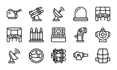 Military Icons Set: Weaponry, Radar, and Defense Equipment Vector Graphics © Rifat