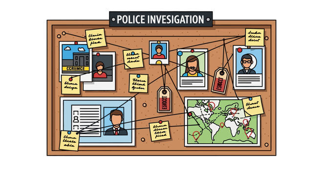 Detective investigation board with photos and evidence tags