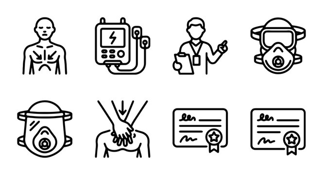 CPR and Medical Emergency Icons: Defibrillator, Resuscitation, First Aid Training, Safety Gear, Certificates
