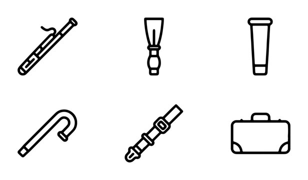 Musical Instrument Icons: Flute, Oboe, Bassoon, Clarinet, Bagpipe, Trumpet, Case Vector Set