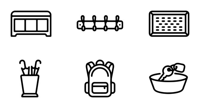 Home Organization Icons: Cabinet, Coat Rack, Calendar, Umbrella Stand, Backpack, Key Bowl