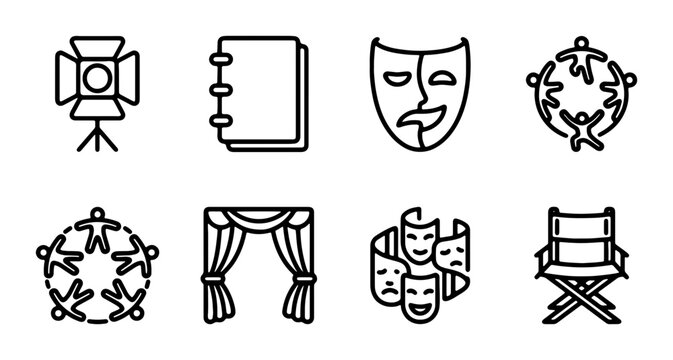 Theater and Film Icons Set: Stage, Masks, Spotlight, Director's Chair, Script