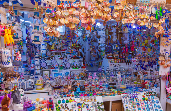 Ayvalik - Turkey, May 17, 2026, Traditional Souvenir Shop on Cunda Island with Sea Shells and Evil Eye Beads