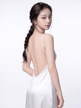 Young Asian woman looking over her shoulder in a white backless dress