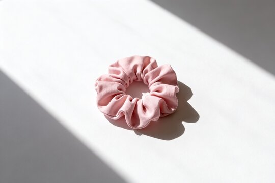 Pink fabric hair scrunchie on white surface