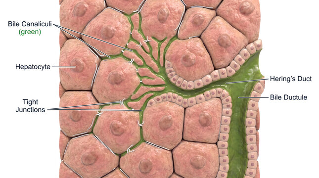 Microscopic View of Liver Cells Hepatocytes and Bile Ductules with Tight Junctions