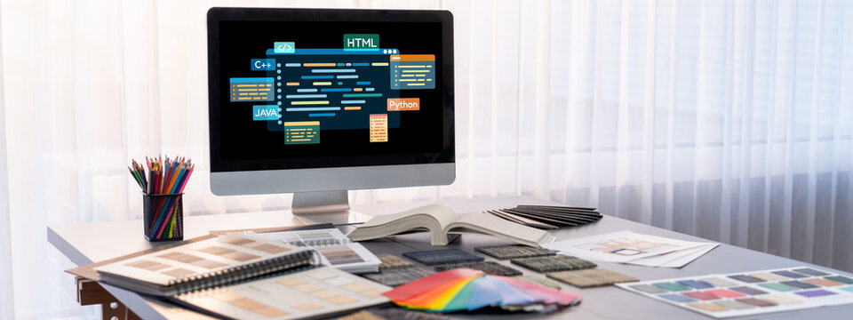 Software development or programming work with coding screen of various programming languages like HTML, , , and C brisk for new application development