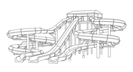 Fototapeta premium Detailed black and white line drawing illustration of a large multi-level water slide complex with multiple tubes and platforms