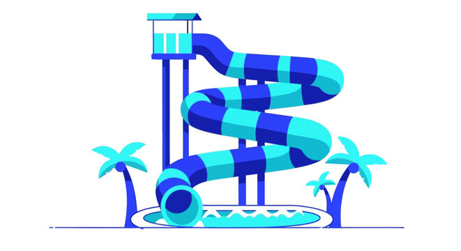 Vibrant Blue and Cyan Spiral Waterslide with Palm Trees Illustration for Summer Fun and Water Park Adventures, Perfect for Recreation and Leisure Activities