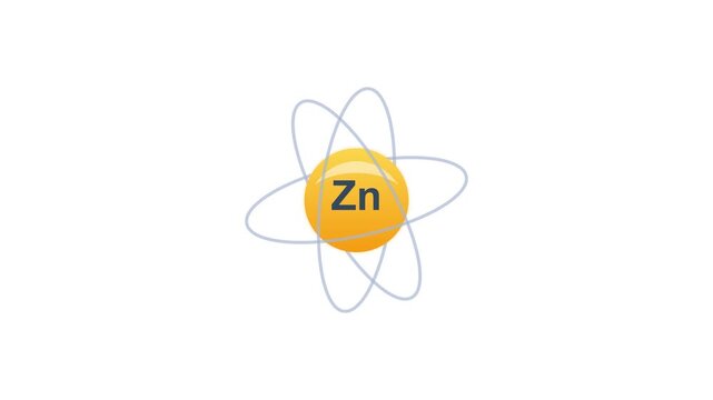 2D animated icon of a yellow Zinc sphere with Zn text and rotating orbital rings on a white background. Perfect for dietary supplements, health nutrition, and medical science loops