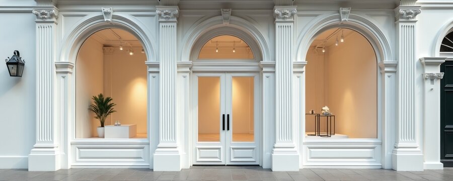 Elegant white boutique exterior facade features arched windows and glass doors. Interior showcases minimalist display with plants and decor. Architectural details add classic charm to the storefront.