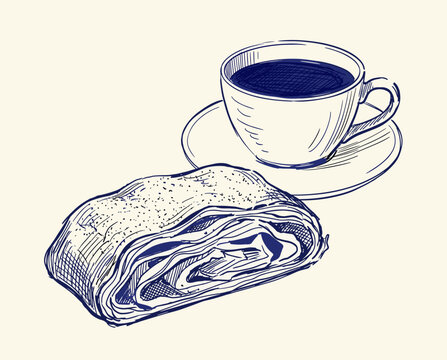 Coffee cup, saucer, apple strudel slice, hand drawn sketch, blue ink illustration, cafe breakfast, bakery dessert, vintage pen drawing