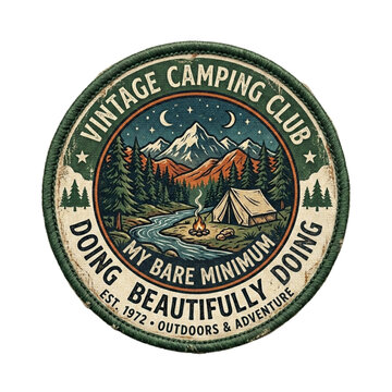 Vintage style camping patch illustration with mountains, river, pine trees, and a tent under a starry night. Perfect for outdoor adventure and nature lovers