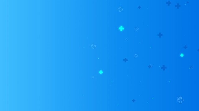 Animated medical background featuring glowing cyan cross icons floating upward on a bright blue gradient loop. Perfect for healthcare presentations, science slides, and clinic videos