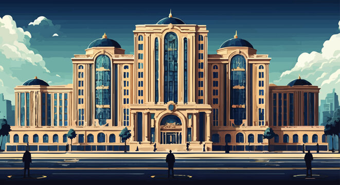 Illustration of Grand Building in Urban Environment