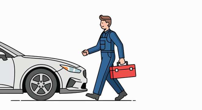 A cartoon mechanic walking beside a silver car while carrying a red toolbox against a plain white background.