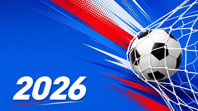 Soccer ball in net with dynamic blue background 2026