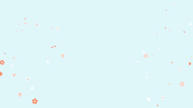 Cute mint background animation with falling pastel flowers, hearts, and stars forming a side frame loop. Perfect for Valentine, wedding decoration, and sweet presentation slides.