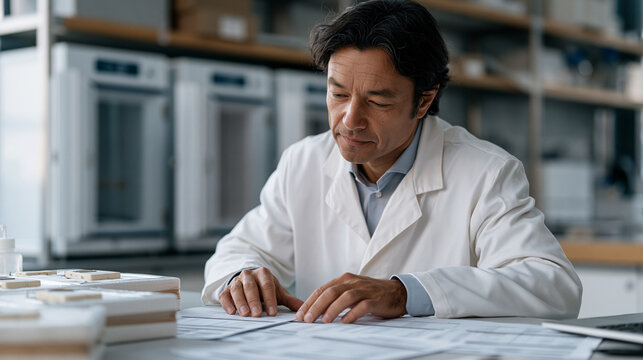 Cold chain pharmaceutical packaging engineer testing new insulated shipper prototypes in a laboratory setting, data loggers embedded in mock product loads, freezer units open along the back wall, pe