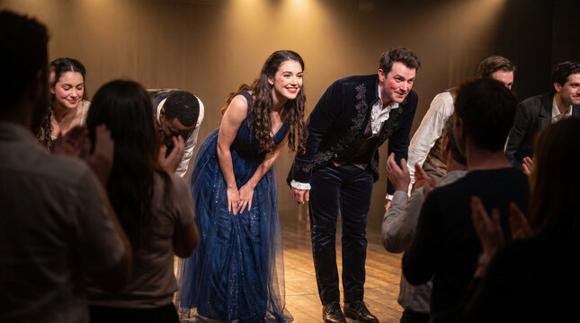 Actors bowing on stage while audience claps in a theater setting  