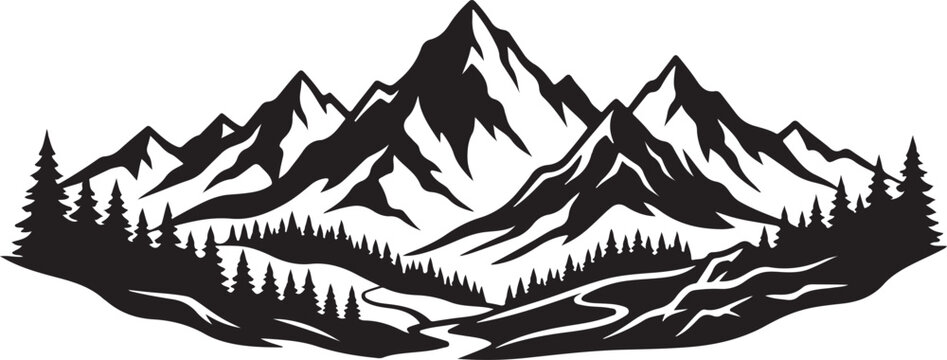Graphic silhouette of a mountain landscape with pine trees and river black and white mountain silhouette landscape wilderness majestic