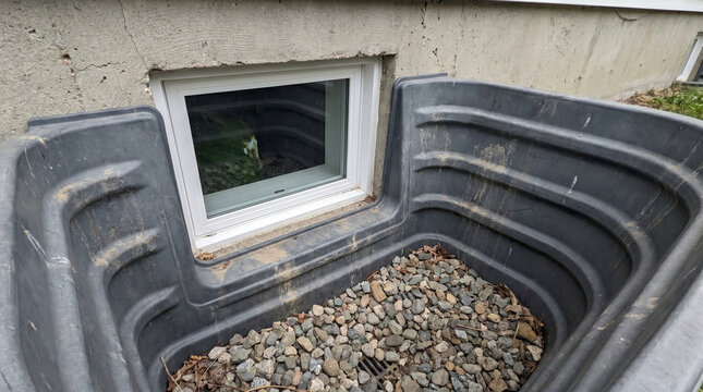 Basement window well with gravel and concrete wall surround  