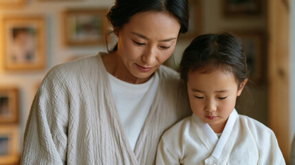Obraz premium Korean grandmother teaching adult daughter and toddler granddaughter to perform traditional bowing greeting in living room decorated with family photographs during holiday preparation passing three 
