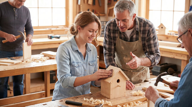 Adults building birdhouses in woodworking class workshop with instructor  
