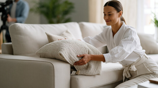 Living room minimal interior during staging for real estate listing, professional stager placing single textured throw across armrest of low-profile sofa, camera assistant visible in background, aft