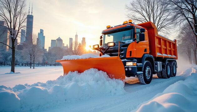 Orange snow plow truck clears snowy park road with city skyline visible. Winter landscape scene features heavy vehicle at work during cold weather snowfall, keeping paths open. Machine ensures public