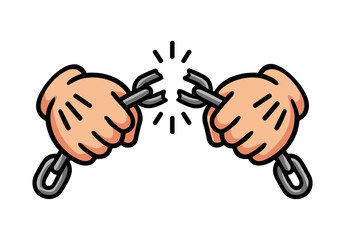 Obraz premium Cartoon hands breaking steel chains vector illustration. Retro style hands snapping metal chain links, freedom, liberation, or overcoming obstacles concept isolated on transparent background.