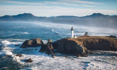 Fotobehang Kust Aerial view of the natural scenery along the coastline of Cape Aquinas Lighthouse, Oregon, USA.  © Kevin