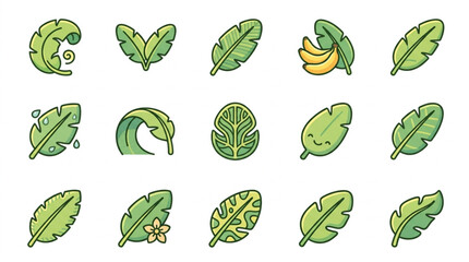 Collection of stylized green tropical leaves and bananas. © Kona