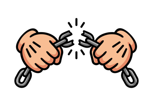 Cartoon hands breaking steel chains vector illustration. Retro style hands snapping metal chain links, freedom, liberation, or overcoming obstacles concept isolated on transparent background.