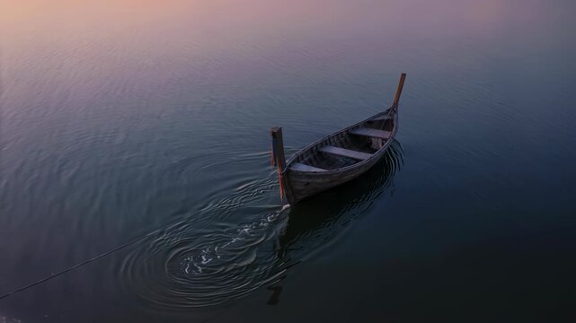 Aerial view of a lone wooden outrigger boat drifting at the peaceful transition of dawn, showcasing serene morning water ripples and cinematic coastal atmosphere for travel and nature projects.