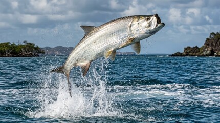 Obraz premium A tarpon fish leaping out of the water with a backdrop of islands and mountains.