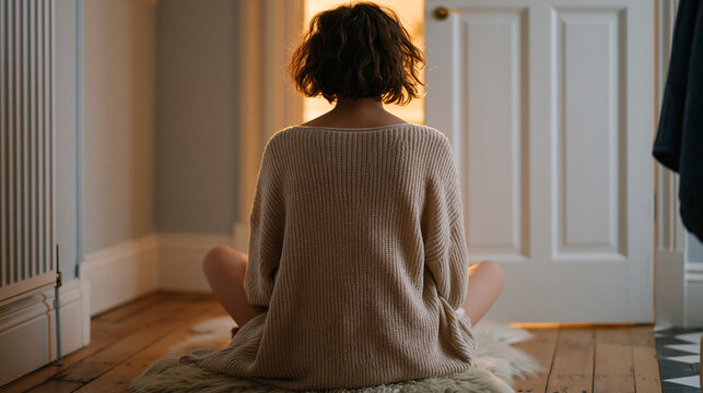 Parent sitting cross-legged on a bathroom floor talking calmly through the door to a child who has locked himself inside mid-tantrum, the quiet de-escalation of gentle parenting discipline visible i