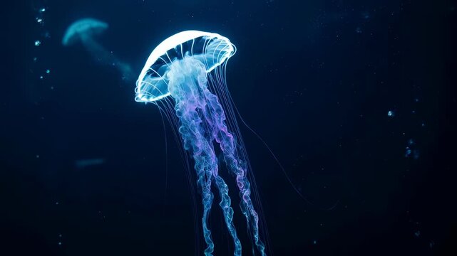 Bioluminescent jellyfish pulsing rhythmically beneath the surface of a deep sea trench, showcasing hypnotic underwater movement in the dark ocean.