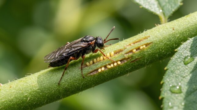 A black wasp on a green leaf with yellow eggs.