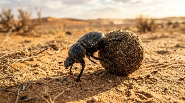 A dung beetle rolling a ball of dung in the desert.