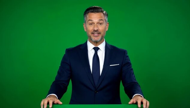 Charismatic news anchor in a sharp navy suit standing against a vibrant green screen backdrop, presenting information in a professional media studio environment with a confident and clear delivery.
