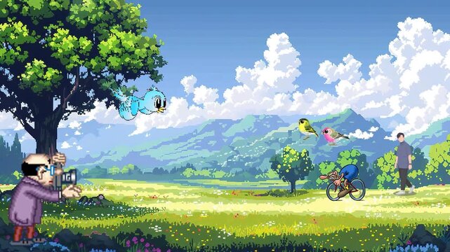 Photographer doing his job at beautiful landscape nature background. Simple 2D animation graphic. 