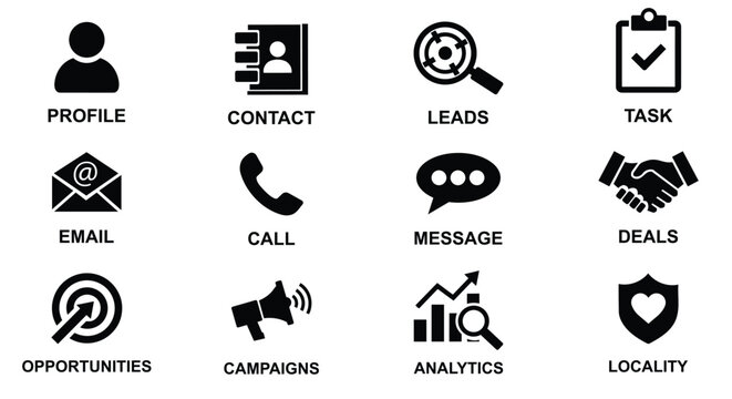 CRM and business management icon set. Professional black silhouettes for sales, marketing, customer relationship software, data analytics, and workflow interface concepts.
