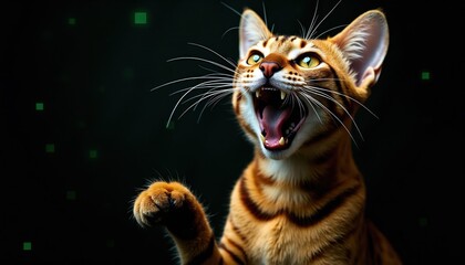 Naklejka premium Bengal cat with striped fur and sharp teeth lets out a loud hiss. Feline animal has intense eyes and raised paw. Domestic predator displays wild nature against dark background with green squares.