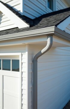 Modern house exterior features seamless aluminum rain gutter system channeling water away from white vinyl siding and dark asphalt roof. Clean architectural detail on residential building.