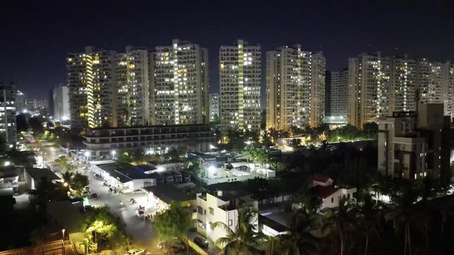 Modern Indian Skyline After Sunset with High-Rise Towers, Night Cityscape of Mumbai with Glowing Commercial Skyscrapers