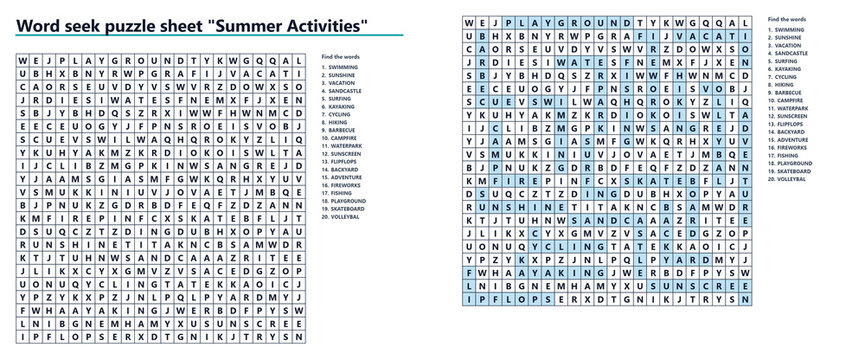 Word seek puzzle sheet "Summer Activities"